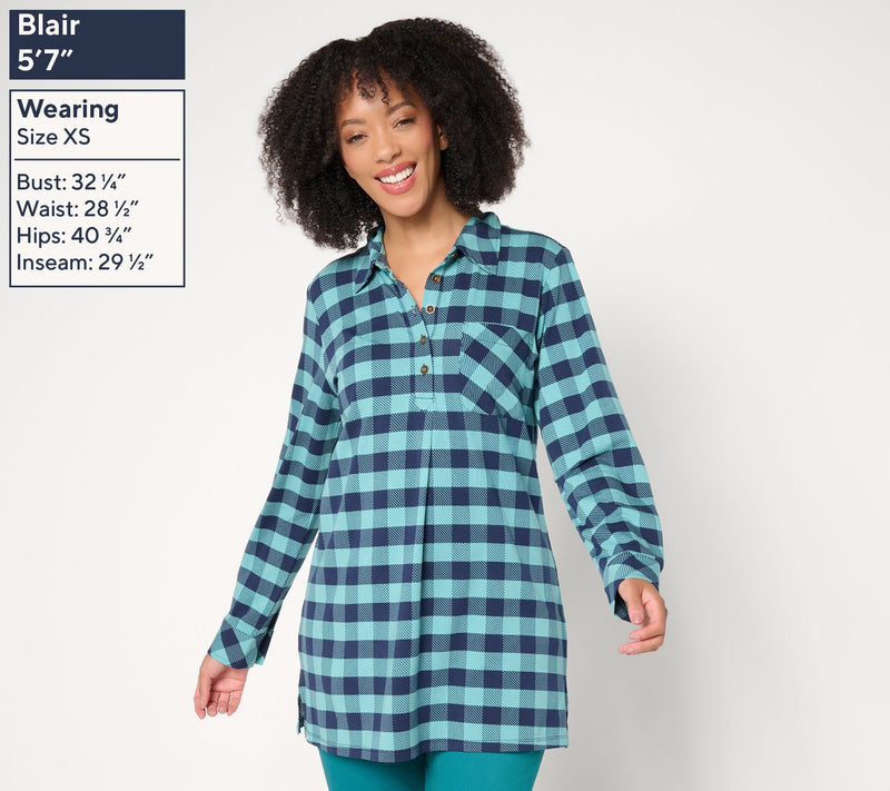 Denim & Co. Regular Buffalo Check So Soft Jersey Henley Tunic — View 15