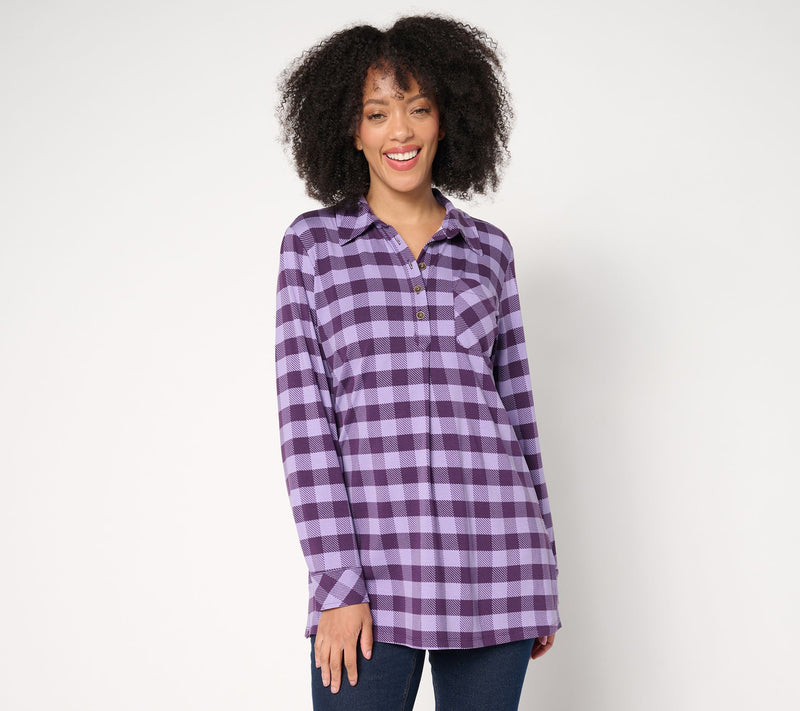 Denim & Co. Regular Buffalo Check So Soft Jersey Henley Tunic — View 7