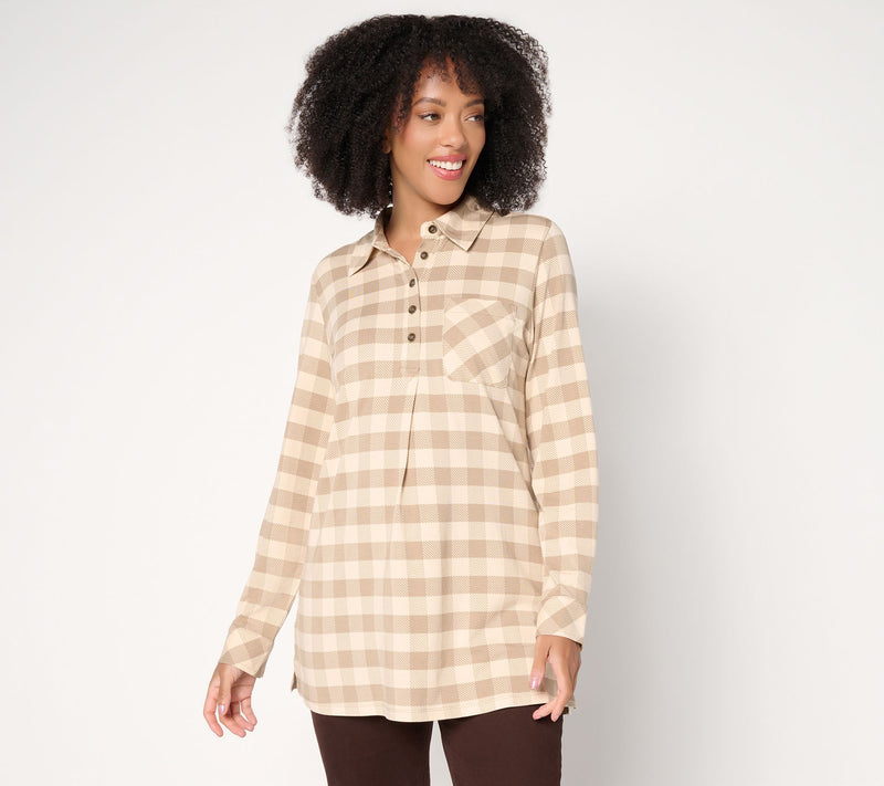 Denim & Co. Regular Buffalo Check So Soft Jersey Henley Tunic — View 11