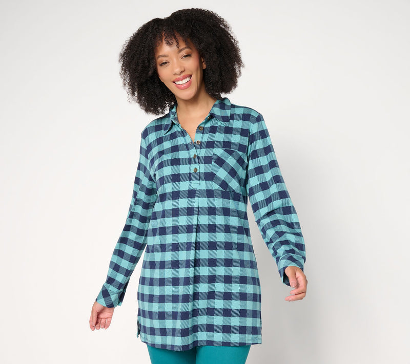 Denim & Co. Regular Buffalo Check So Soft Jersey Henley Tunic — View 9