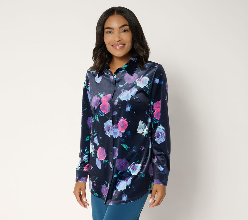 Denim & Co. Regular Printed Knit Velvet Big Shirt — View 10