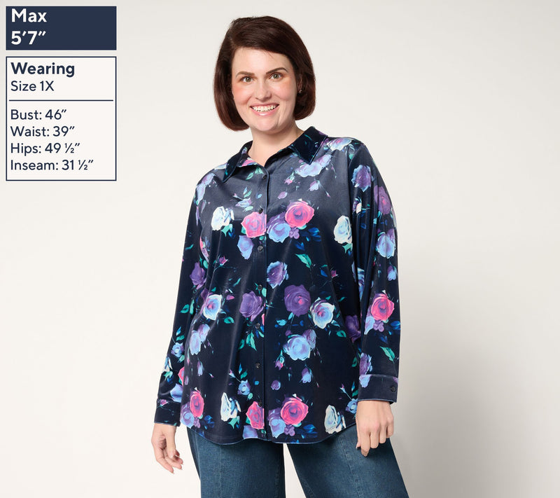 Denim & Co. Regular Printed Knit Velvet Big Shirt — View 2