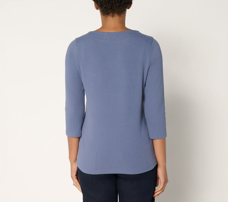 Denim & Co. Essentials Ribbed Boat Neck 3/4 Sleeve Top — View 3