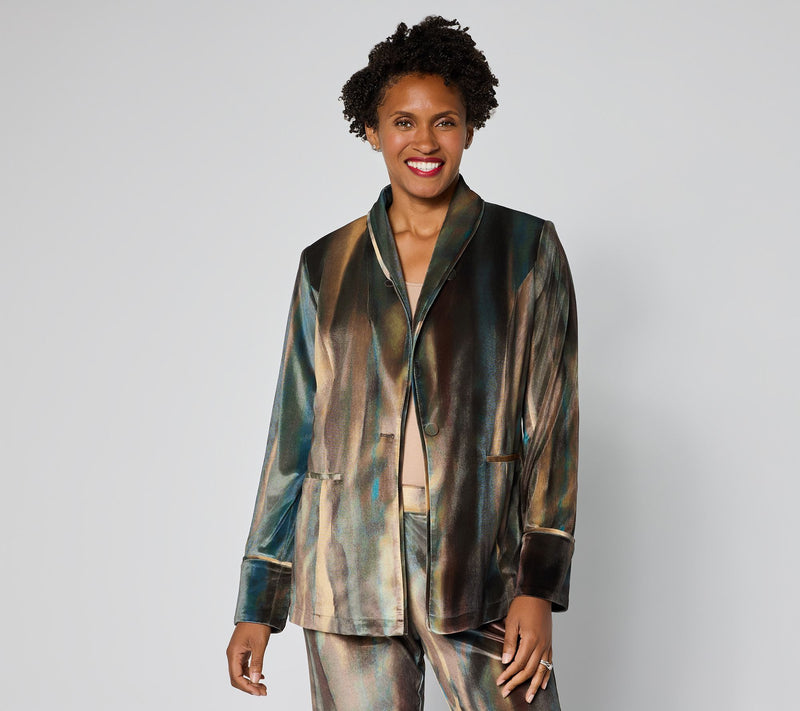 LOGO by Lori Goldstein Printed Velvet Shawl Collar Blazer — View 2
