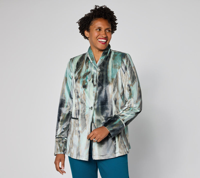 LOGO by Lori Goldstein Printed Velvet Shawl Collar Blazer — View 10