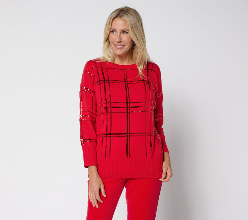 Denim & Co. Plaid Sequin Boat Neck Bracelet Sleeve Sweater — View 11