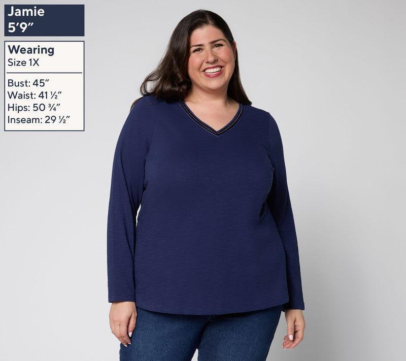 Denim & Co. 100% Cotton Embellished Long Sleeve V-Neck Top — View 2