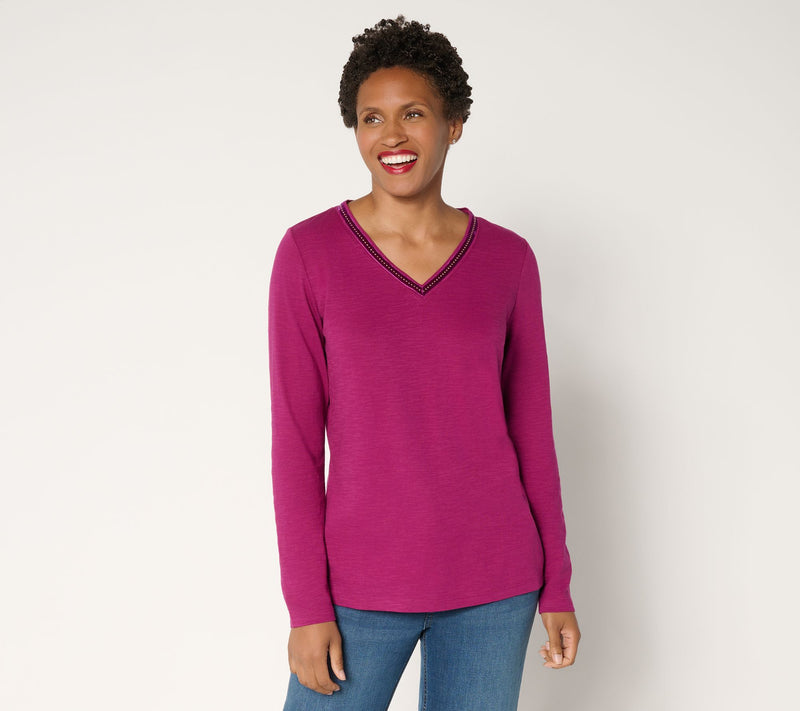 Denim & Co. 100% Cotton Embellished Long Sleeve V-Neck Top — View 11