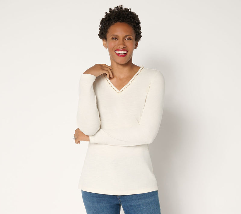 Denim & Co. 100% Cotton Embellished Long Sleeve V-Neck Top — View 14