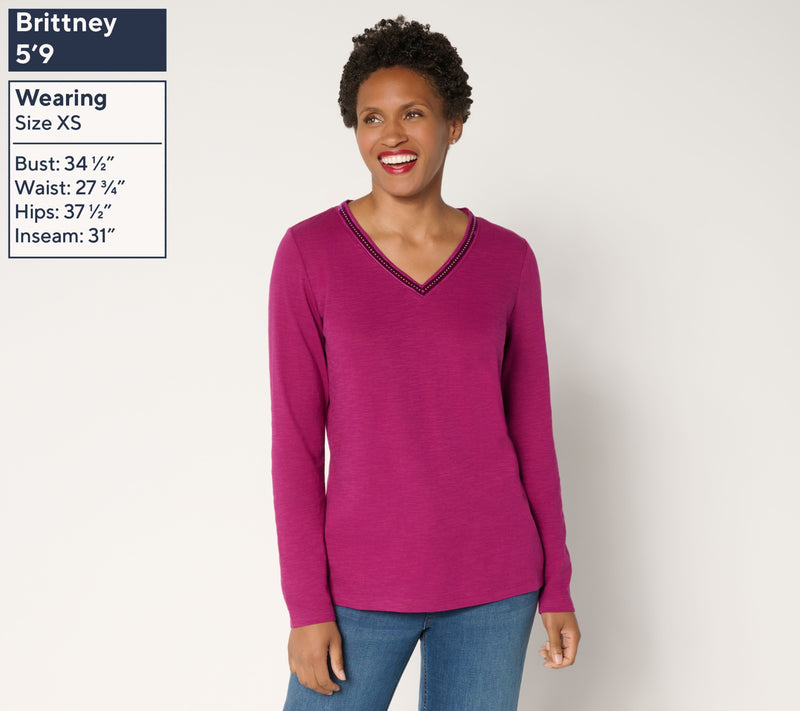 Denim & Co. 100% Cotton Embellished Long Sleeve V-Neck Top — View 3