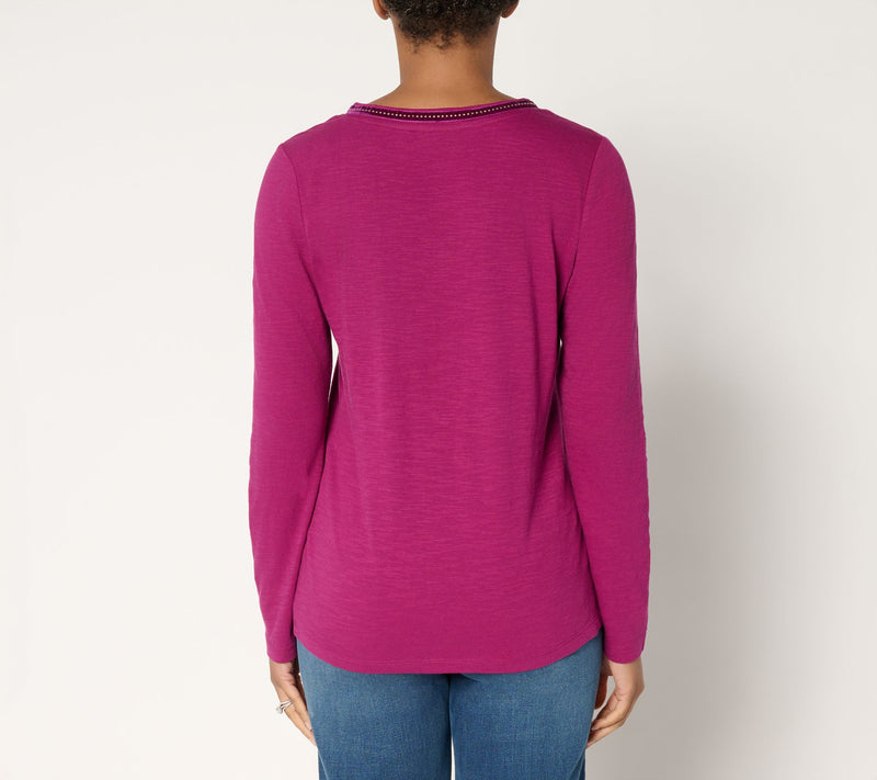 Denim & Co. 100% Cotton Embellished Long Sleeve V-Neck Top — View 4