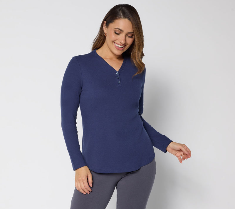 Denim & Co. Essentials Waffle Knit Y-Neck Henley Top — View 11