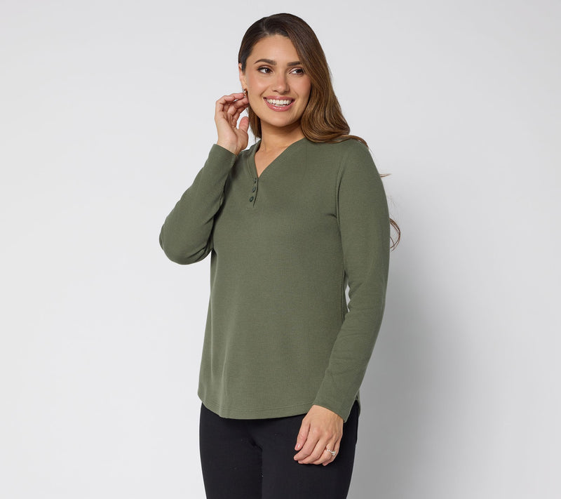 Denim & Co. Essentials Waffle Knit Y-Neck Henley Top — View 13