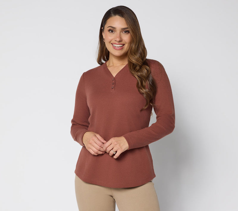Denim & Co. Essentials Waffle Knit Y-Neck Henley Top — View 14