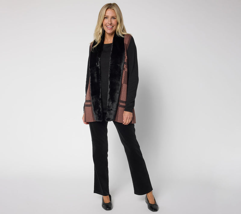 Denim & Co. Jacquard Plaid Faux Fur Trim Vest — View 5