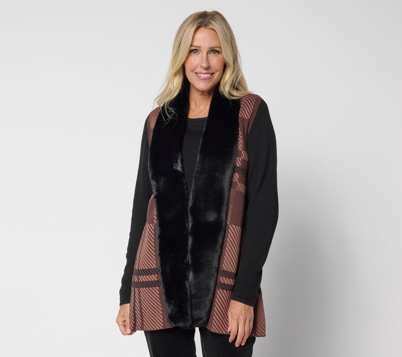 Denim & Co. Jacquard Plaid Faux Fur Trim Vest — View 7