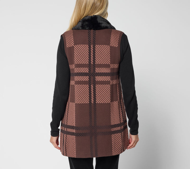 Denim & Co. Jacquard Plaid Faux Fur Trim Vest — View 4