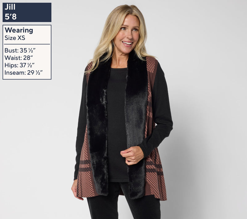 Denim & Co. Jacquard Plaid Faux Fur Trim Vest — View 3