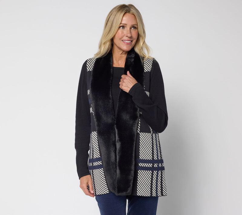 Denim & Co. Jacquard Plaid Faux Fur Trim Vest — View 10