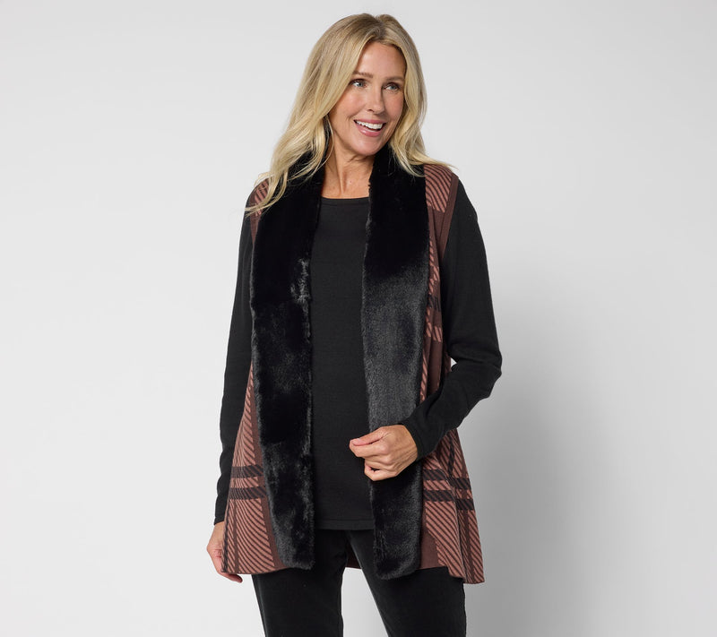 Denim & Co. Jacquard Plaid Faux Fur Trim Vest — View 11