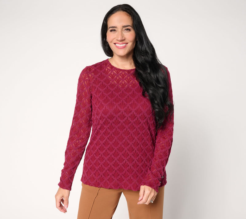 Susan Graver Knit Lace Crew Neck Long-Sleeve Top — View 11