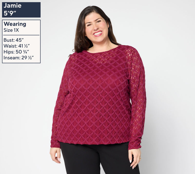 Susan Graver Knit Lace Crew Neck Long-Sleeve Top — View 5