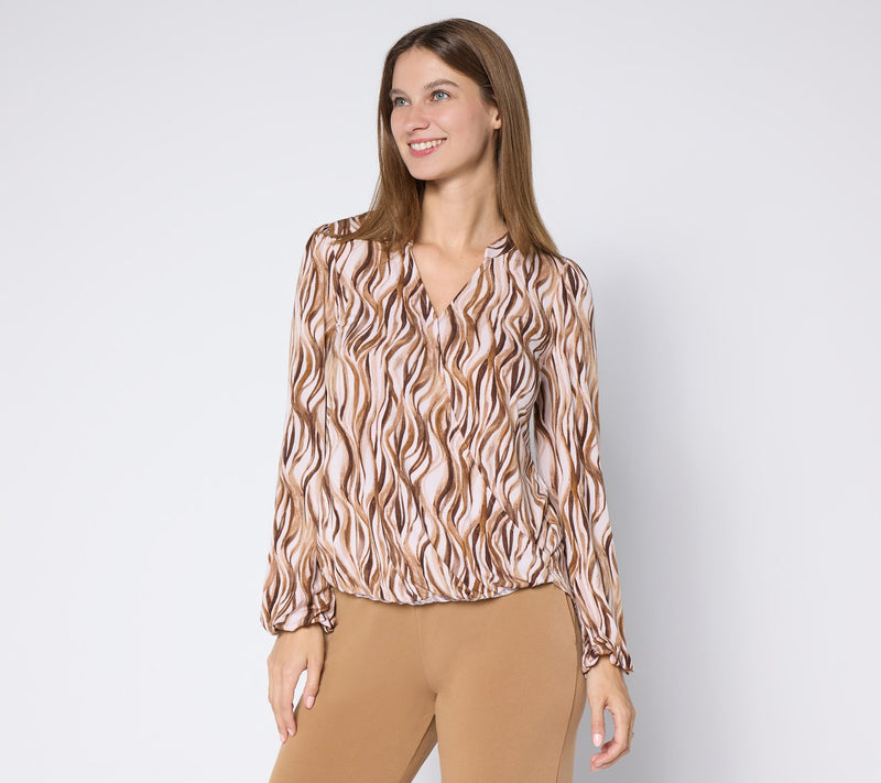 Susan Graver Printed Liquid Knit Surplice Top with Hi-Low Hem — View 12