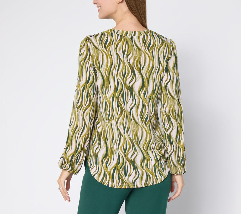 Susan Graver Printed Liquid Knit Surplice Top with Hi-Low Hem — View 6