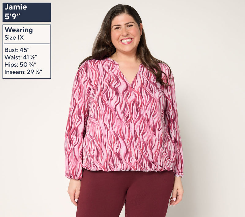 Susan Graver Printed Liquid Knit Surplice Top with Hi-Low Hem — View 4