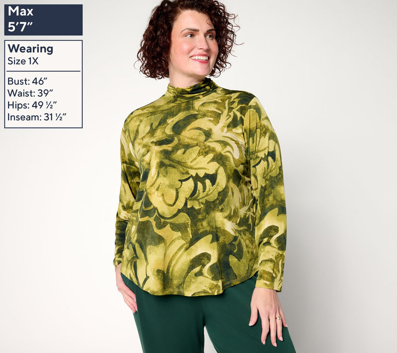 Susan Graver Printed Liquid Knit Ruched Mock Neck Top — View 2