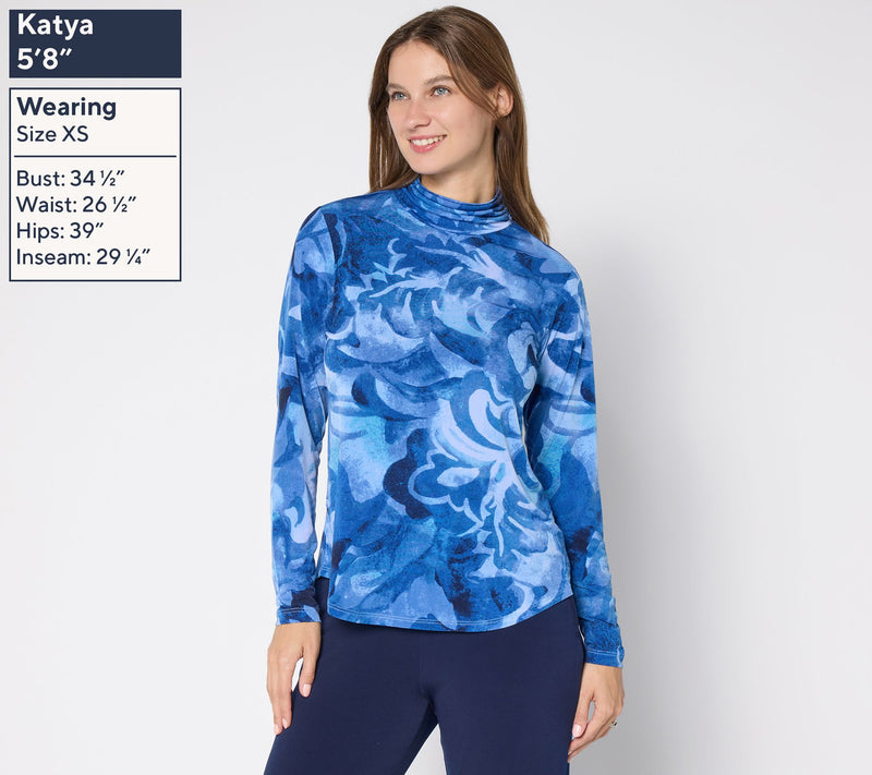 Susan Graver Printed Liquid Knit Ruched Mock Neck Top — View 3