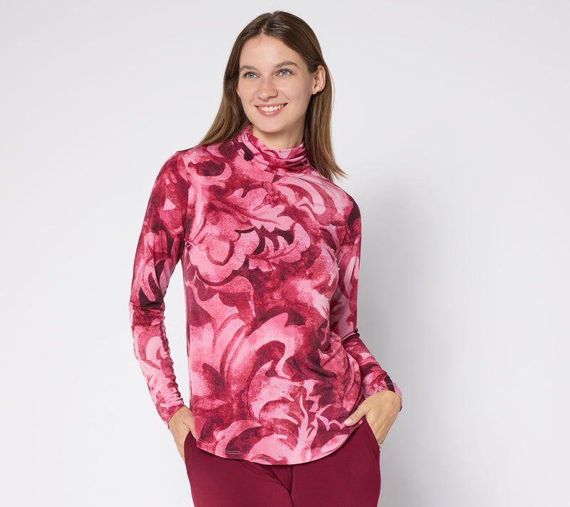 Susan Graver Printed Liquid Knit Ruched Mock Neck Top — View 12