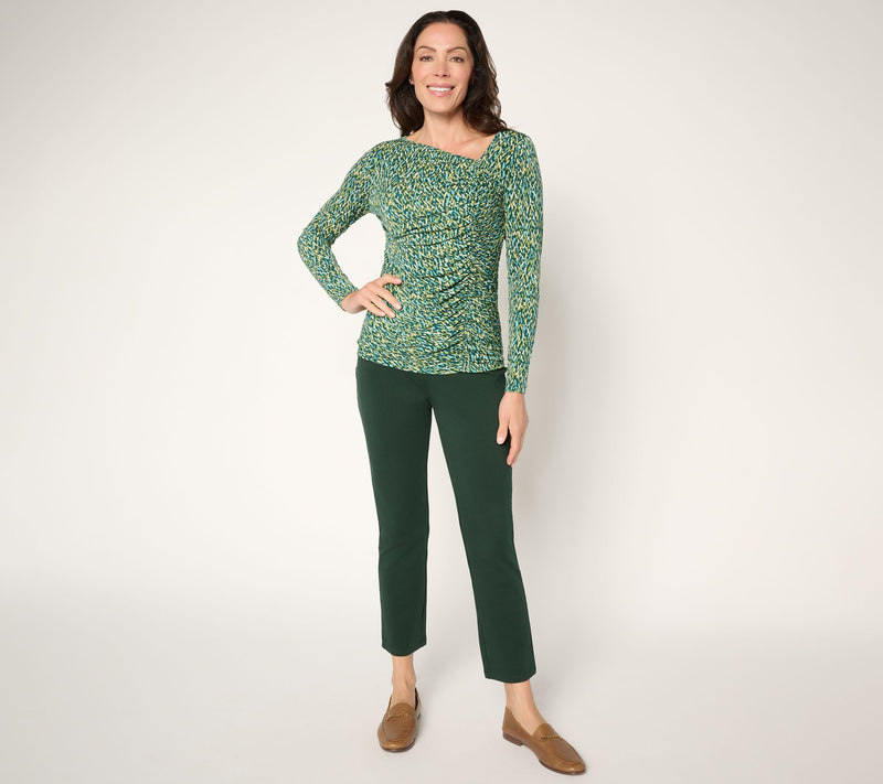 Susan Graver Printed Liquid Knit Asymmetrical Ruched Top — View 7
