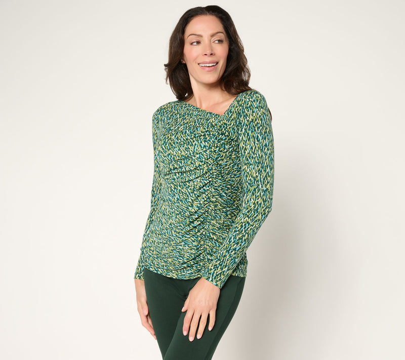 Susan Graver Printed Liquid Knit Asymmetrical Ruched Top — View 12