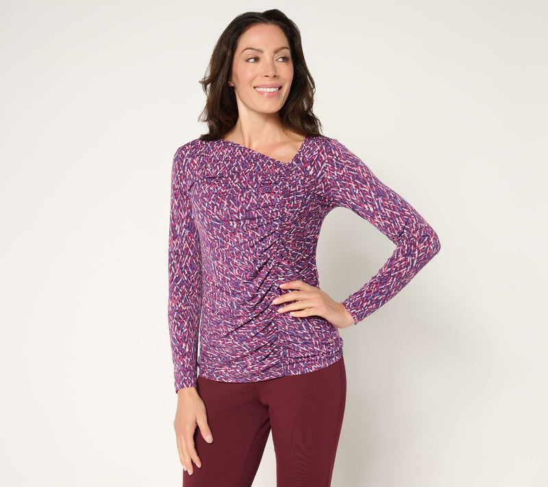 Susan Graver Printed Liquid Knit Asymmetrical Ruched Top — View 13