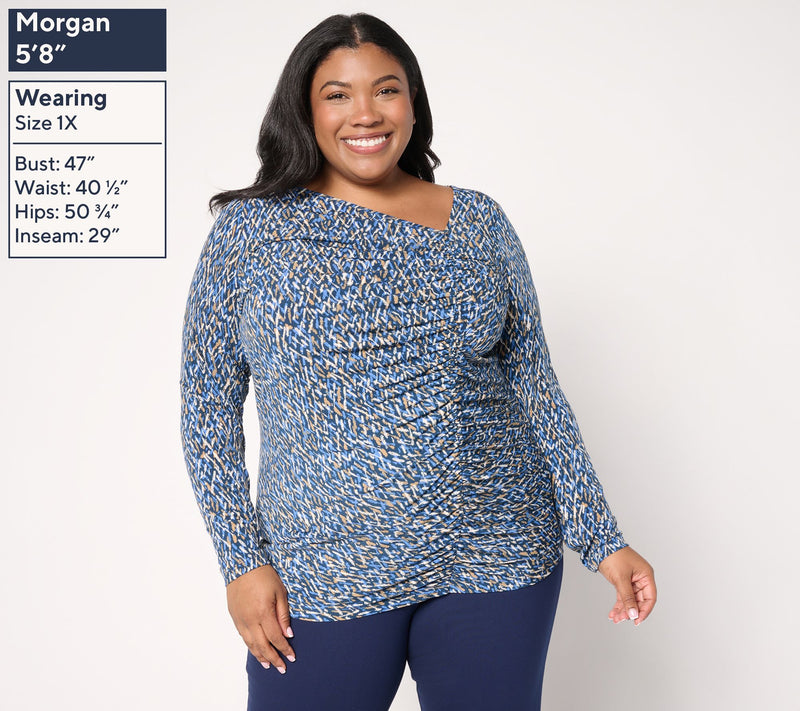 Susan Graver Printed Liquid Knit Asymmetrical Ruched Top — View 4