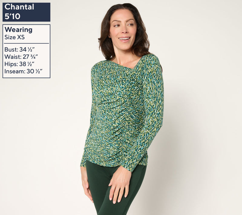 Susan Graver Printed Liquid Knit Asymmetrical Ruched Top — View 5
