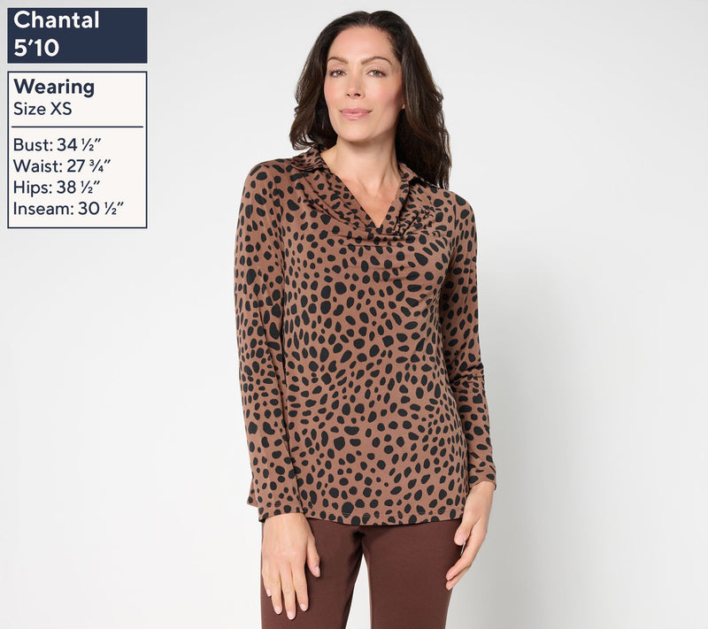 Susan Graver Printed Liquid Knit Cowl-Neck Long-Sleeve Top — View 2