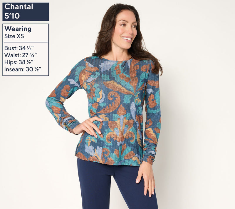 Susan Graver Printed Ribbed Knit with Lurex Bateau Neck Top — View 3