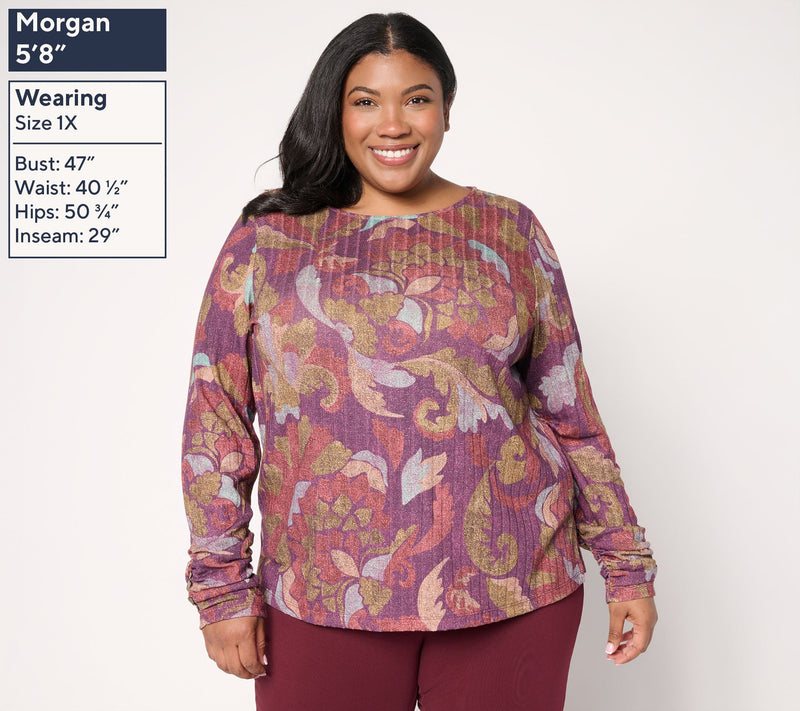 Susan Graver Printed Ribbed Knit with Lurex Bateau Neck Top — View 2