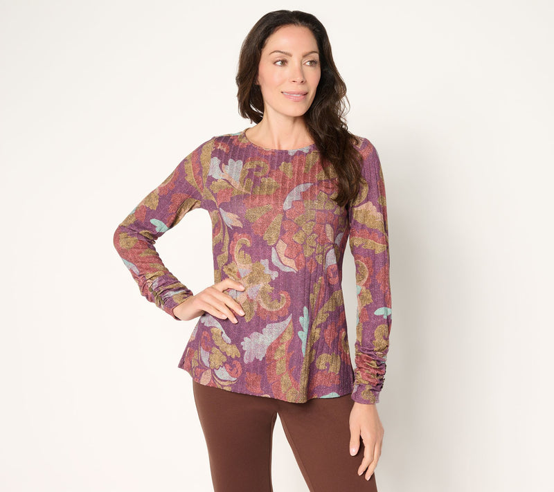 Susan Graver Printed Ribbed Knit with Lurex Bateau Neck Top — View 11