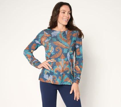Susan Graver Printed Ribbed Knit with Lurex Bateau Neck Top
