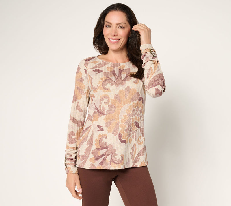 Susan Graver Printed Ribbed Knit with Lurex Bateau Neck Top — View 13