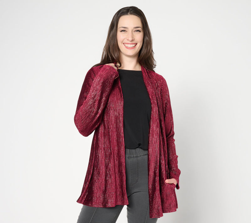 Susan Graver Petite Foiled Textured Knit Open Front Cardigan — View 9