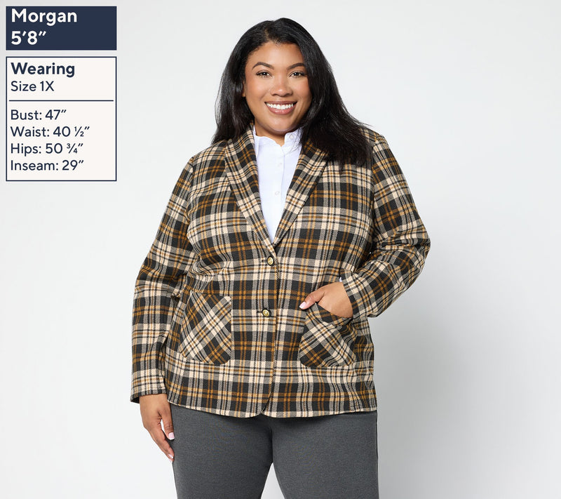 Susan Graver Regular Jacquard Knit Plaid Shawl Collar Blazer — View 3