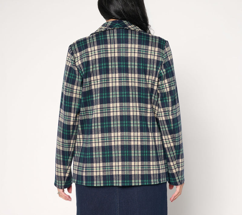 Susan Graver Regular Jacquard Knit Plaid Shawl Collar Blazer — View 5