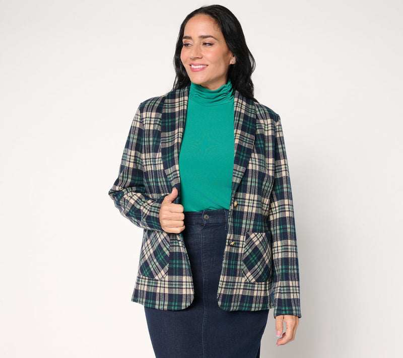 Susan Graver Regular Jacquard Knit Plaid Shawl Collar Blazer — View 9