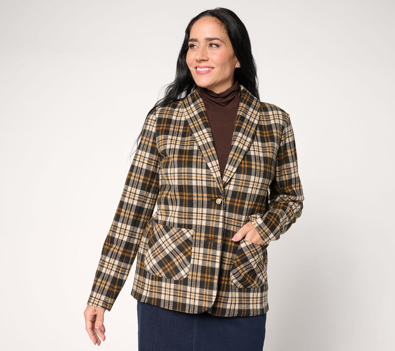 Susan Graver Regular Jacquard Knit Plaid Shawl Collar Blazer — View 10