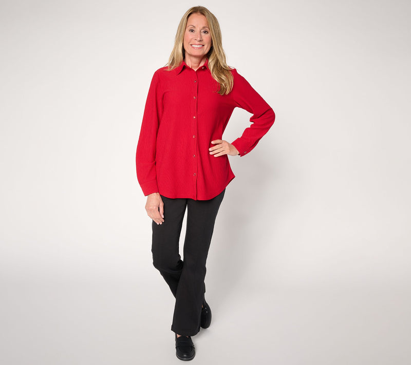 Susan Graver Textured Knit Button Front Shirt — View 5