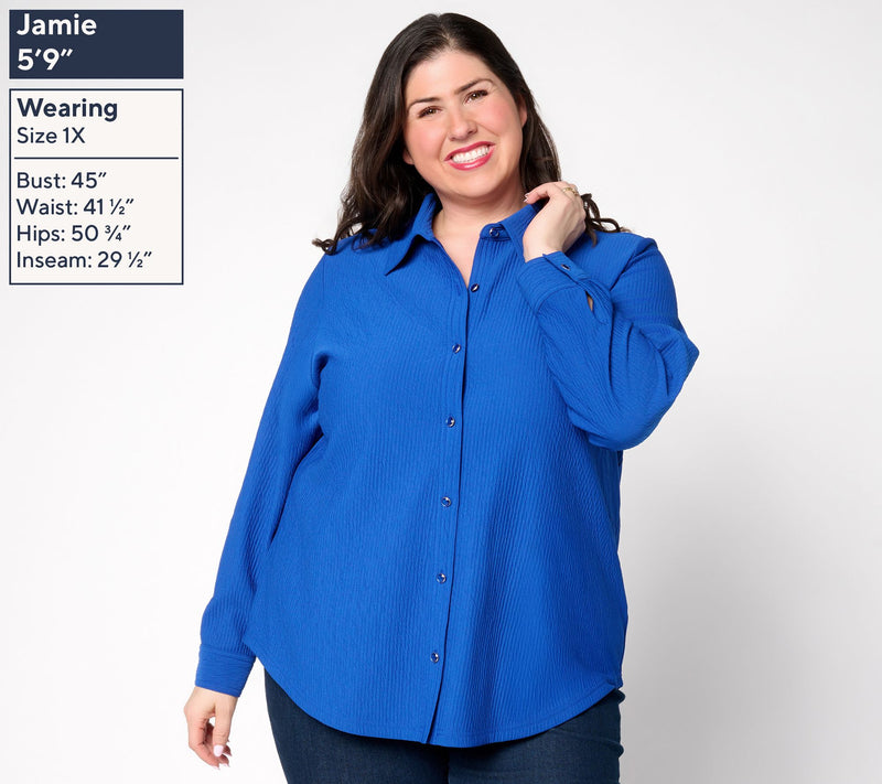 Susan Graver Textured Knit Button Front Shirt — View 2